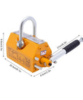 Heavy Duty Steel Magnetic Lifter Delivering Rock Solid 880 Lb Permanent Magnet Grip with dimensions and rubber handle.