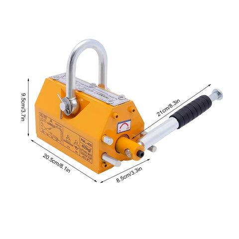 Heavy Duty Steel Magnetic Lifter Delivering Rock Solid 880 Lb Permanent Magnet Grip with dimensions and rubber handle.