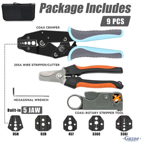 Coaxial Ratchet Crimping Tool Kit With Five Replaceable Jaws For RG Cable And RF Connectors, Rotary Coaxial Cable Stripper And Cable Cutter Piler