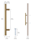 Diagram of a 6 Inch T Shaped Bar Cabinet Pull in Black Gold Finish with dimensions and included screws, 96mm hole center.