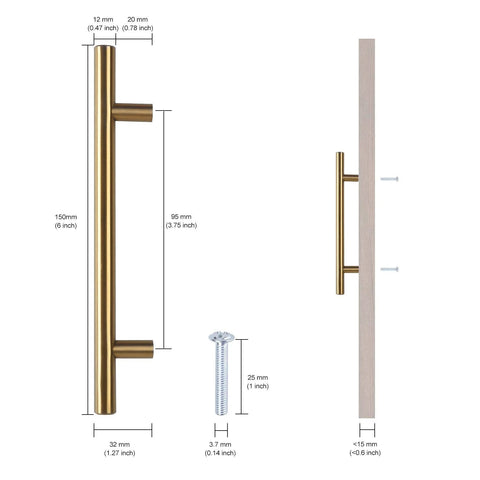 Diagram of a 6 Inch T Shaped Bar Cabinet Pull in Black Gold Finish with dimensions and included screws, 96mm hole center.