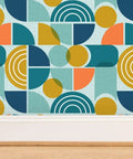 Top Shelf Modern Geometric PVC Free Professional Wallcovering Durable Polyester Linen Finish with colorful geometric pattern.