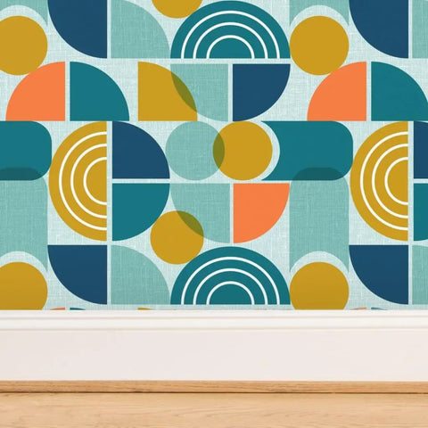 Top Shelf Modern Geometric PVC Free Professional Wallcovering Durable Polyester Linen Finish with colorful geometric pattern.