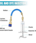 Oil and Dye Injector Kit for Car HVAC Systems with 30ml clear push injector and blue rubber hose, metal connectors visible.