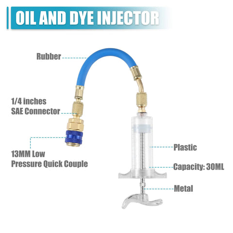 Oil and Dye Injector Kit for Car HVAC Systems with 30ml clear push injector and blue rubber hose, metal connectors visible.