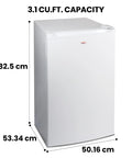 Hella Compact 3.1 Cubic Feet White Upright Freezer with dimensions 82.5 cm height, 53.34 cm depth, and 50.16 cm width.