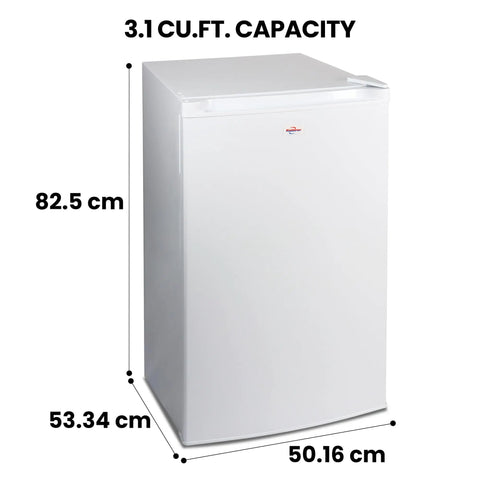 Hella Compact 3.1 Cubic Feet White Upright Freezer with dimensions 82.5 cm height, 53.34 cm depth, and 50.16 cm width.