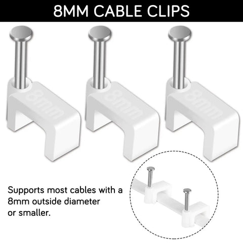 100 Pack 8mm Ethernet Cable Clips With Nails For Cat6 Cat7 Flat Cables White Durable UV Stabilized Plastic Cord Holders To Keep Cables Tidy No Mess For Home And Office Use