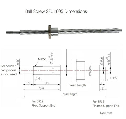 SFU1605 Linear Motion CNC Ball Screw Kit With Anti Backlash Nut 750mm 29.53in dimensions and technical drawing.