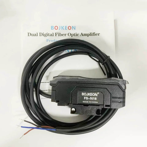 Fiber Optic Sensor Amplifier With HD LED Dual Digital Display, wires visible, FS-N18 model for industrial automation, single unit