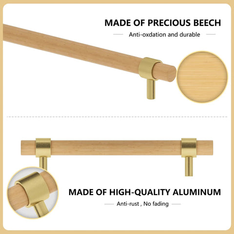 Beech Wood Drawer Pulls 10 Pack Gold Finish Cabinet Handles Knobs Aluminum Brass Construction