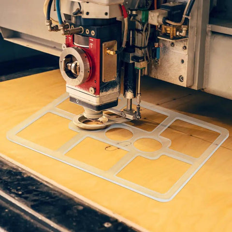 Clear Acrylic Nine Pocket Router Jig And Tracing Template For Woodworking Shops positioned over wood for precise routing.