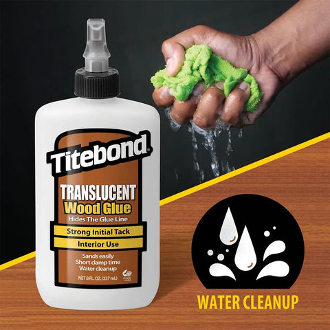 Translucent Wood Glue That Goes On Smooth, Sets Fast, And Delivers a Strong Bond With Heat Resistance For Diy Woodworking Projects, 8 Oz Tube, Titebond Trans Glue For Nearly Invisible Glue Lines And Durable Joints with water cleanup demonstration.