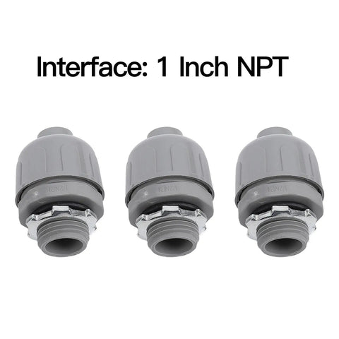 Rock Solid Liquid Tight Conduit Connectors 1 Inch Npt Nylon 6 Electrical Fittings for Outdoor Wiring, gray fittings with metal threading.