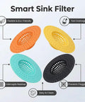 3 Pack Heavy Duty Sink Drain Strainers with flexible design, available in orange, yellow, blue, and black for easy clog prevention.