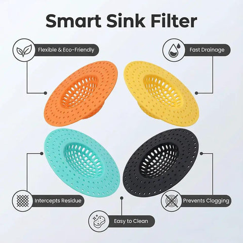 3 Pack Heavy Duty Sink Drain Strainers with flexible design, available in orange, yellow, blue, and black for easy clog prevention.