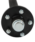 Rock Solid 3500 Pound Trailer Axle With 5x4.5 Bolt Pattern And 9.5 Inch Hub Face close-up of hub with bolts.