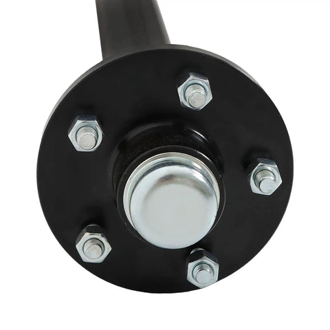 Rock Solid 3500 Pound Trailer Axle With 5x4.5 Bolt Pattern And 9.5 Inch Hub Face close-up of hub with bolts.