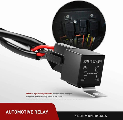 Close-up of 12V power relay from 2 Pack 16AWG LED Light Bar Wiring Harness Kit with 2 Leads, for off-road use in cars and boats.