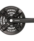 Altus FC-M311-L Black MTB Crankset 175mm With 22 32 22T Chainrings And Chainguard, top view, Shimano branding visible.