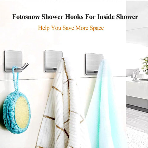 Adhesive Stainless Steel Wall Hooks 4 Pack Heavy Duty Waterproof Stick On Mount For Towels Coats Hats Robes Bags And More Bathroom Kitchen Mounts No Drill Easy Install on wall holding towels and bath sponge