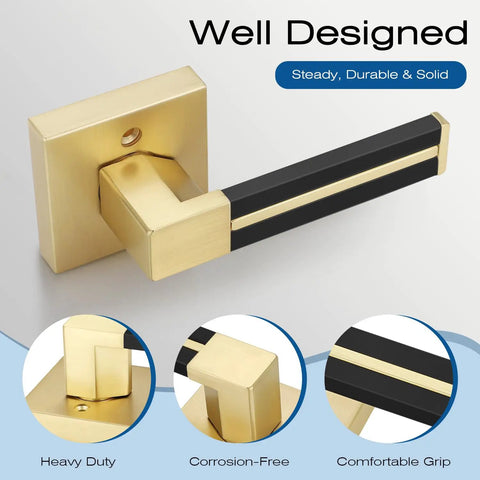 Gold Dummy Door Handles With Black Leather 2 Pack For Pantry And French Doors No Lock Function No Latch Or Key Pull Or Push Style One Sided Surface Mount Hardware No Fuss gold dummy handle close-up with square backplate
