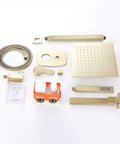 UMJIGF Shower System,Ceiling Mount Brushed Gold Bathroom Brass Ceiling 10-12 Inch Rainfall Shower Faucet System Mixer Set with Tub Taps includes various parts.