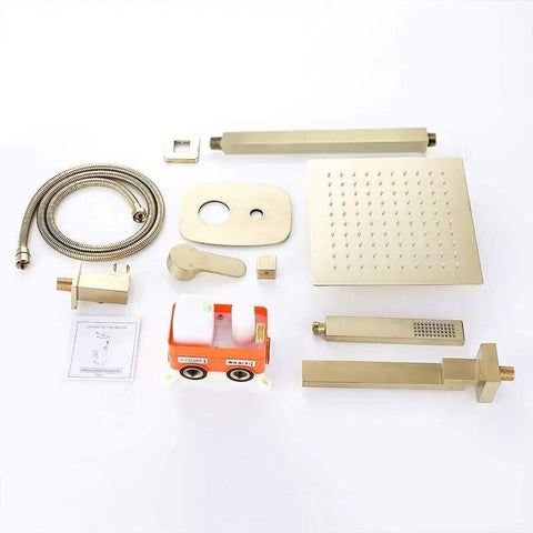 UMJIGF Shower System,Ceiling Mount Brushed Gold Bathroom Brass Ceiling 10-12 Inch Rainfall Shower Faucet System Mixer Set with Tub Taps includes various parts.