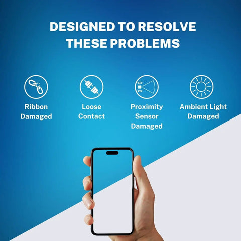 Hand holding a smartphone, text highlights issues like ribbon damage, loose contact, sensor damage, needing Proximity Sensor Earpiece Flex Cable Replacement For IPhone 15 Pro Max Includes Metal Bracket And Ambient Light Sensor Fix With Precise Fit For Quick Repair And Reliable Sensor Performance.