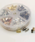 Dope Brass Cord End Caps Glue In 5x9mm for leather Kumihimo tassels jewelry 180 pcs box 6 colors, showing individual caps