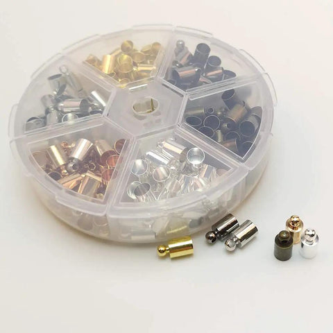 Dope Brass Cord End Caps Glue In 5x9mm for leather Kumihimo tassels jewelry 180 pcs box 6 colors, showing individual caps
