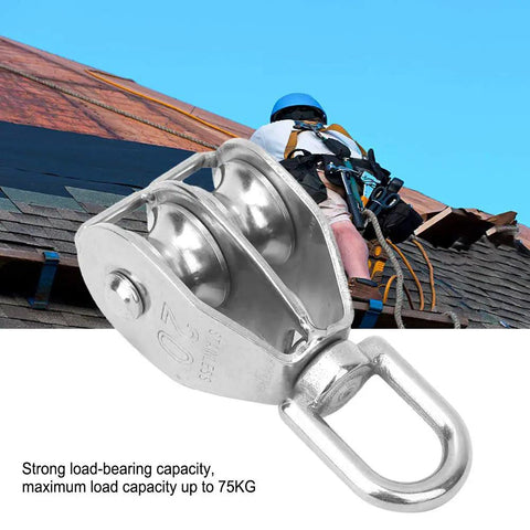 Close-up of Two Pack Double Pulley Block Heavy Duty Lifting Sheave With Steel Wire Rope Hook for rigging up to 75KG.