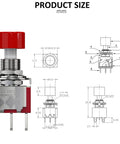 Technical drawing of 6 Pin Momentary Push Button Switch NO NC with Red Cap, showing dimensions for AC 120V 5A or 250V 2A use.