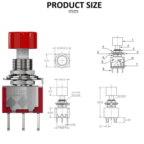 Technical drawing of 6 Pin Momentary Push Button Switch NO NC with Red Cap, showing dimensions for AC 120V 5A or 250V 2A use.