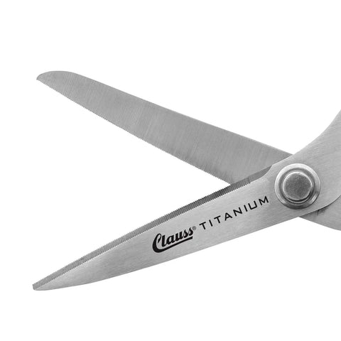 8 Inch Titanium Bonded Kevlar Shears For Heavy Duty Cutting Pro Grade Industrial Strength Blades close-up of serrated edge