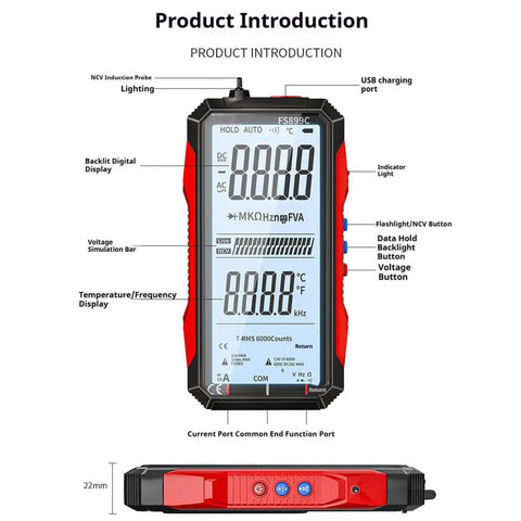 True RMS 6000-Count Digital Voltmeter And USB Rechargeable Auto Ranging Multimeter with large color screen and backlight display.