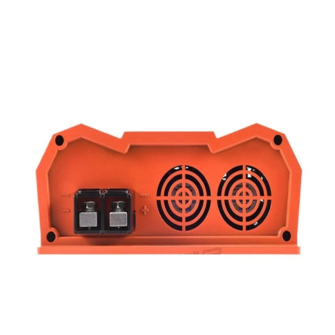 Back view of Heavy Duty DCDC Battery Charger For Rv Camper Truck And Jeep, showing connectors and cooling vents.