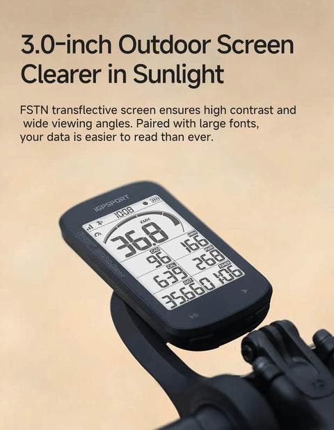 BSC100MAX GPS Bike Computer With 3 Inch Display on bike handlebar showing cycling data in sunlight