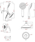 Dimensions and design of Black Shower Faucet Set With Tub Spout And Handheld Showerhead Built For High Pressure With 35 Settings Dual 2 in 1 Shower Combo System Including 3 Way Diverter Trim Kit And Rough In Valve.