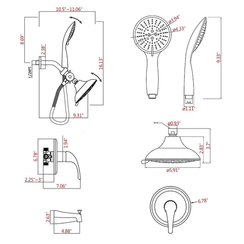 Dimensions and design of Black Shower Faucet Set With Tub Spout And Handheld Showerhead Built For High Pressure With 35 Settings Dual 2 in 1 Shower Combo System Including 3 Way Diverter Trim Kit And Rough In Valve.
