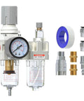One Quarter Inch NPT Air Filter Regulator Lubricator Combo with 5 Micron Brass Element and 0 to 145 PSI Gauge, accessories shown
