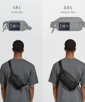 Man wearing 1.5L Sling Bag With RFID Blocking, Crossbody Chest Pack showing size comparison with 3.5L version, rear view.