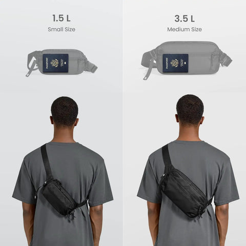 Man wearing 1.5L Sling Bag With RFID Blocking, Crossbody Chest Pack showing size comparison with 3.5L version, rear view.