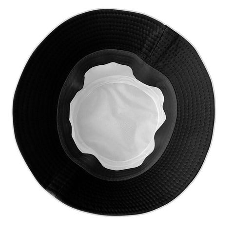 Fresh Unisex Black Bucket Hat With Dope Graphic Print And Super Lightweight Breathable Polyester Twill Fabric Easy Foldable Sun Hat For Chill Outdoor Vibes, top view showcasing interior lining.