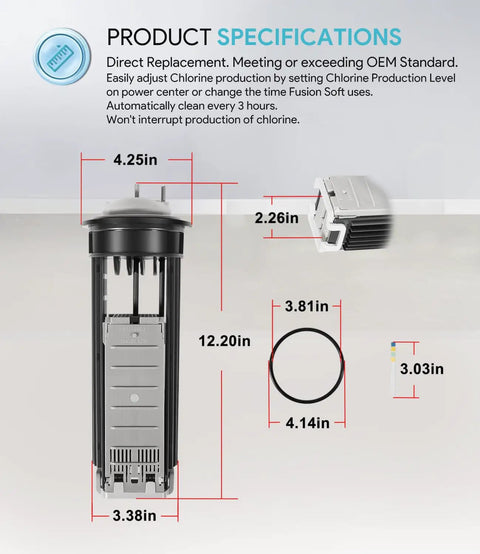 Salt Cell Replacement Kit For Nature2 Fusion Soft FSOFT700 Water System Fits Pools Up To 12,000 Gallons Includes O Ring And Replacement Parts R0502800 2803-058 383062 Easy Install product dimensions image highlighting component sizes