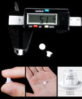 Digital caliper measuring Three Sixteenth Inch Plastic Hole Plugs For Round Holes, with plug dimensions in hand and diagram