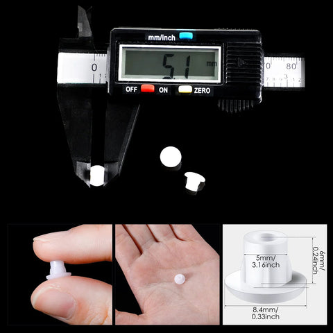 Digital caliper measuring Three Sixteenth Inch Plastic Hole Plugs For Round Holes, with plug dimensions in hand and diagram