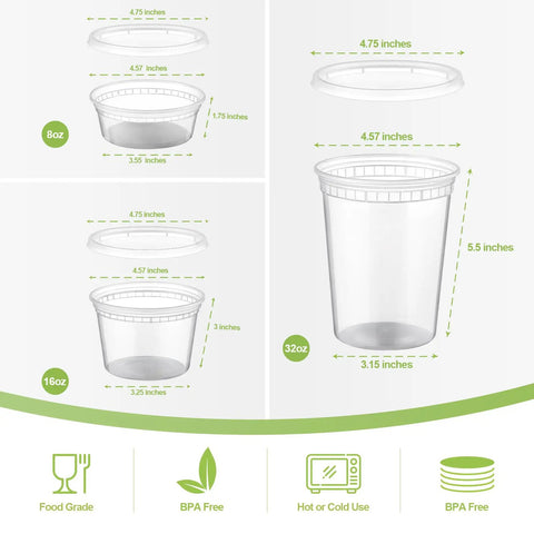 Diagram showing dimensions of 24 Piece Deli Storage Set With Lids Including 8 Oz, 16 Oz and 32 Oz Containers, BPA Free