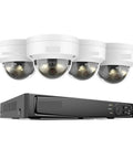 Badass 12MP POE Security Camera Kit With Smart Dual Light Setup For Crisp Indoors And Outdoors Surveillance Featuring No Sweat Installation And Tight Night Vision Clarity - four white dome cameras and black recorder.