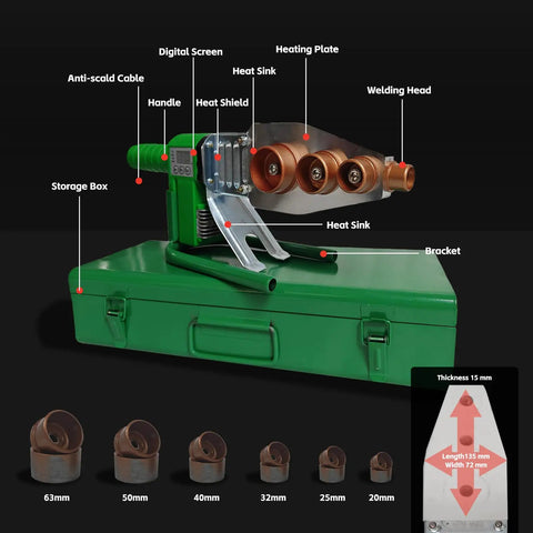 Plastic Water Pipe Welder For PP PP-R PE PP-C Fusion Machine With 20mm to 63mm Die Heads and green storage box